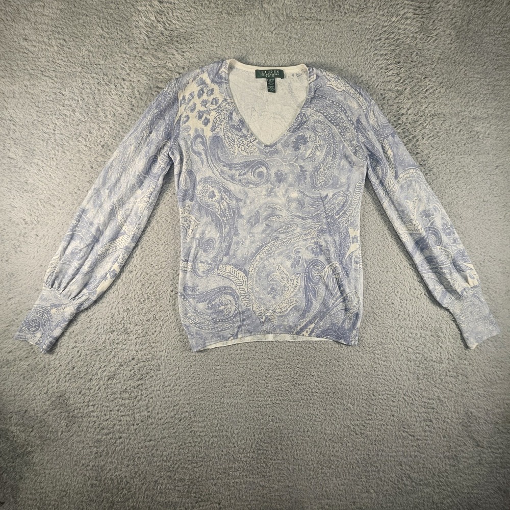 Ralph Lauren Silk Sweater Womens XS Paisley Floral V Neck Preppy Luxury Designer
